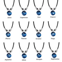 Zodiac Glass Convex Pendant Necklaces Aquarius Pisces Aries Taurus Gemini Necklace Men's Jewelry Pendant Love