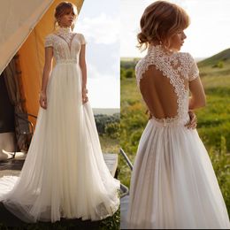 Vintage Boho Hochzeitskleid Spitze Stehkragen A-Linie Tüll Prinzessin Hohl nackten Rücken kurze Ärmel Brautkleider Robe De Mariee