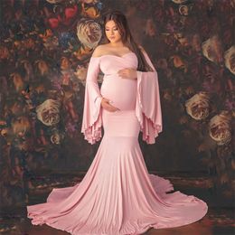 Maternity Photography Props Maternity Gown Photo Shoot Sexy Boho Shoulderless Bell Sleeves Maxi Long Dress Pregnancy Mermaid