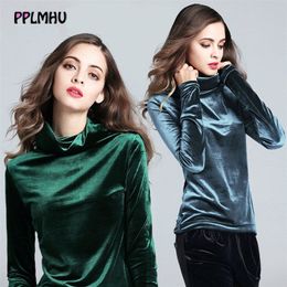 Spring Autumn Turleneck Velvet Tops Women New Loose Long Sleeve Soild Tees Casual Basic Bottoming Shirt Plus Size Femme 210317