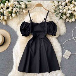 Spring Fashion Vestidos Female Sense Off-shoulder Square Neck Puff Sleeve Slim Mini Dress C565 210506