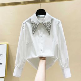Beaded Diamond Peter Pan Collar Full White Shirt Autumn Winter Design Loose Blouse Women 210615