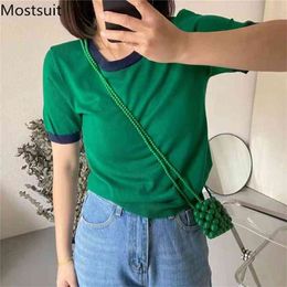 Color-blocked Knitted T-shirt Tops Women Summer Short Sleeve O-neck Tees Casual Fashion Korean Female T Shirt Femme 210513