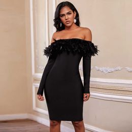 Ocstrade Women Off Shoulder Blalck Bandage Dress Rayon Feather Sexy Long Sleeve Bodycon Evening Party 210527