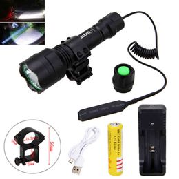 Tactical Hunting Torch T6 White LED Light Hunting Flashlight+Rifle Mount +Remote Pressure Switch+1*18650 Battery+USB Charger 210322