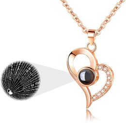 2021 Rose Gold Plated I Love You 100 Languages Projection Pendant Necklace Crystal Heart Romantic Jewelry Chain Necklaces for Women Gift