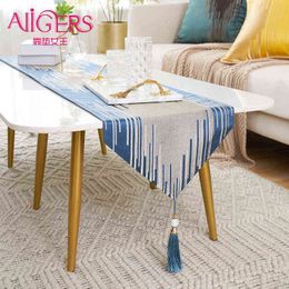 Avigers Luxury Modern Striped Table Runners with Tassels Home Decorative for Wedding Party Home el Navy Blue Grey Yellow 211117