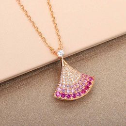 S Sier Fan Shape Pendant Necklace with Diamond and Fuchsia for Women Wedding Jewellery Gift Have Box Stamp Rose Gold Plated PS3177A