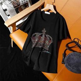 Summer Loose European T-Shirt For Women Shinny Drilling Cartoon Cotton Tops Fashion Plus Size Short Sleeve Tees T074 210324