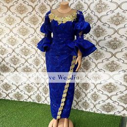Luxury Beaded African Evening Dress 2022 Scoop Neck Long Sleeve Aso Ebi Formal Party Prom Gowns Sweep Train