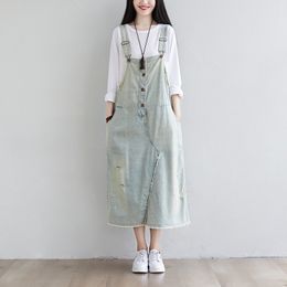 Johnature Autumn Retro Patchwork Hole Pockets Denim Adjustable Strap Sling Dress Leisure Fashion All-match Women Dress 210521