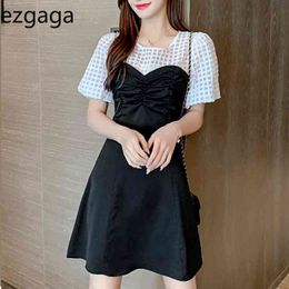 Ezgaga Casual Mini Dress Women Summer New Fashion Slim High Waist Elegant Mesh Patchwork Short Sleeve Korean Chic Vestidos 210430