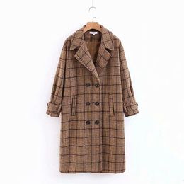 Winter Women Western style Plaid Double-breasted Fashion Retro Suit Collar female Mid-length Coat 210520