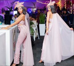 Stylish Pearls Pink Jumpsuit Prom Dresses 2022 Sexy Strapless Neckline With Tulle Cape 3D Appliqued Evening Gowns Floor Length Formal Dress