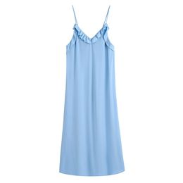 Flounced edge solid blue sleeveless women's sdresses Draped V-neck straight sundress for female Elegant fashion long dress 210430