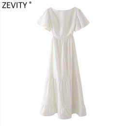 Zevity Women Fashion Solid Colour Pleat Elastic Backless Casual Midi Dress Female Chic Buttersly Sleeve Summer Vestido DS8220 210603