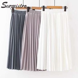 SURMIITRO Midi Pleated Skirt Women Spring Autumn Korean Ladies Blue Black White High Waist A Line School Female Skirts 210712