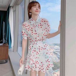 Summer Two-piece Set Women Chiffon Flower Print Lapel Short Sleeve Blouses + Ruffles Mini Skirt Female Sweet Outfit 210519