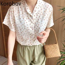 Korobov Korean Fashion Women Print Blouses Preppy Style Chic Short Sleeve Female Shirts Turn-Down Collar Summer Blusas Mujer 210430