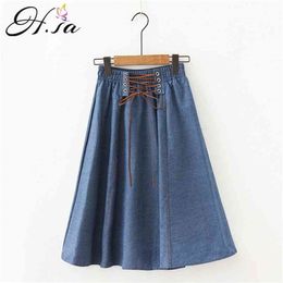 Hsa Summer Women Denim Blue Skirt Casual Bandage Waistband Faldas Saias Solid Pleated Thin Jeans Skirts A-line Long 210430