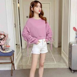 Spring Autumn Women's Shirt Korean Pure Color Lace-up Long-sleeved Short Sweatshirts Wild Loose Slim Drawstring Tops GX631 210507