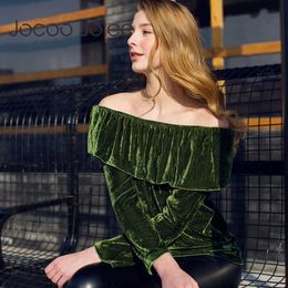 Jocoo Jolee Sexy Off-shoulder Ruffles Sleeves Hoodies for Women Solid Colour Velour Leather Pullover with Slash Neck Design 210619