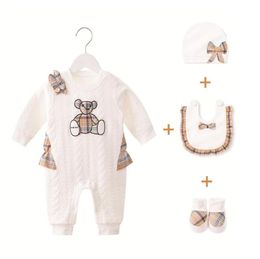4pcs Sets for Newborn Baby Girls Plaid Rompers+hats+bibs+shoes Spring Autumn Long Sleeve Onesies Cotton Toddler Jumpsuits Infant Clothes 0-12 Months