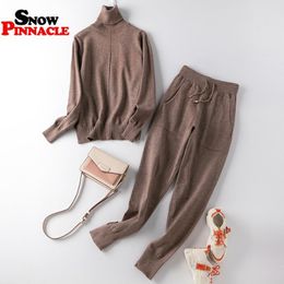 Women sweater suit sets Turtleneck pullovers + long Pants 2PCS Track Suits for Spring Autumn Woman Knitted Trousers+Jumper suits 210524