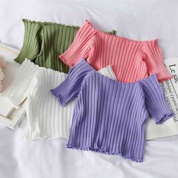 Women T-shirt Off Shoulder Knitting Crop Tops Fashion Solid Short Sleeve Skinny T-shirts Summer 210607