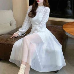Spring Fashion Sweet Two Piece Set Women Korean Elegant Long Sleeve Slim Bodycon Mini Dress + Mesh Skirts Suits 210514