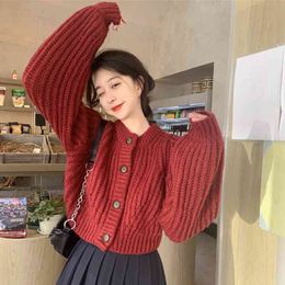 WERUERUYU Cardigan women loose Korean version of the puff sleeve sweater women thick line short autumn and winter 210608