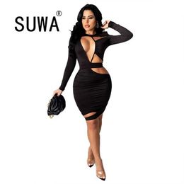 Deep V Neck Side Hollow Out Spring Summer Women Dress Long Sleeve Party Night Club Bodycon Mini Sexy Wholesale Plus Size 210525