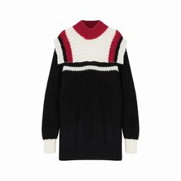Women Sweater Knitted Black White Red Patchwork Turtleneck Pullovers Long M0007 210514