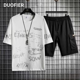 Tracksuit Men Sets Summer 2 Pieces Sportswear Set Gym Fitness Sport Shorts Casual Letter Printing Sweat Suit White 4XL 210603