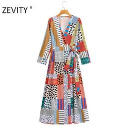 ZEVITY women vintage polka dot print patchwork contrast color bow tied midi dress female kimono vestido chic dresses DS4422 210603