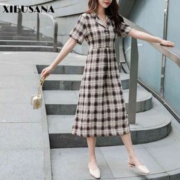 Women Retro Plaid Short Sleeve Dress Summer Freach Turn-Down Collar Dresses With Button Female Lace Up Vestidos Fashion 210423