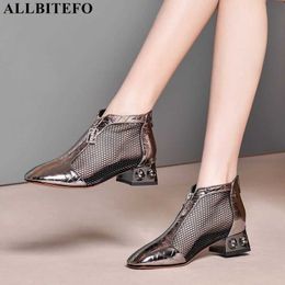ALLBITEFO comfortable Mesh + genuine leather women sandals summer fashion Breathable high heel shoes women heels 210611