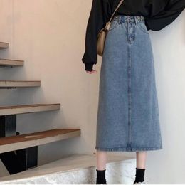 Skirts Gohevac Mid Length High Waist Slim Denim Skirt In Spring 2021