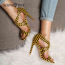 SOPHITINA Female Sexy Stiletto High-heeled Sandals Narrow Band Buckle Party Shoes Fashion Striped Lattice Womens Shoes AO141 210513