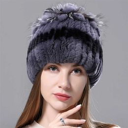 Russian Winter Real Fur Hat Natural Rex Rabbit Warm Cap Ladies Knitted 100% Geunine Hats 211228