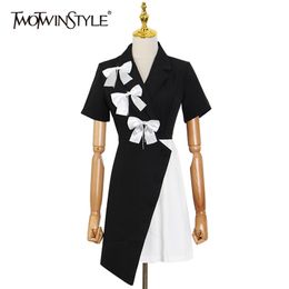 Sweet Hit Colour Patchwork Bowknot Dress For Women Notched Short Sleeve High Waist Mini Dresses Female Fashion Style 210520