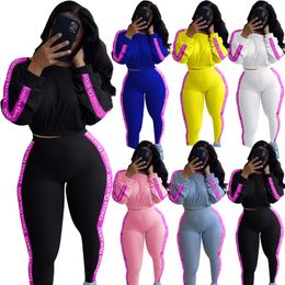 Women 2 Piece Set Fall Clothing Suit Letter Patchwork Ribbed Bodycon Outfits Tracksuit Matching Set Girl Wholesale Dropshpping X0428