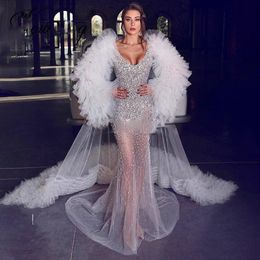 Major Beading Mermaid Evening Dresses With Cape Luxury Puffy Long Sleeves Tulle Court Train Prom Gown Party Formal Two Pieces Dress Robe de soiree