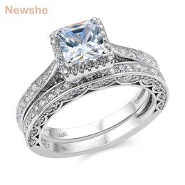 she 2Pcs Genuine 925 Sterling Silver Wedding Ring Set Classic Jewellery 1.5 Ct Princess Cut AAAAA CZ Engagement Rings For Women 211217