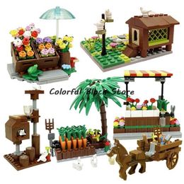 Street View Building Block Accessories Flower Shop Carriage Farm Animal Poultry Vegetable Garden Bird House Cat MOC Toy Kid Gift Q0823