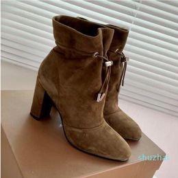 design autumn High quality boots Black wrinkled ankles women's Thick heel short boot Jindian round head party shoes 8.5cm fashion