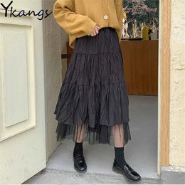 Long Tulle Midi Skirts Womens Autumn Elastic High Waist Mesh Tutu Pleated Skirts Female Black White Maxi Skirt Streetwear 210619