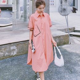 Summer Casual Orange Pink Elegant Temperament Gentle Pure Colour Lapel Short-sleeved Shirt Dress Women 16F1297 210510