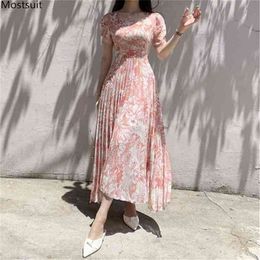 Summer Elegant Women Long Chiffon Dresses Water-color Floral Printed Square Collar Lace Up Pleated Dress Korean 210513