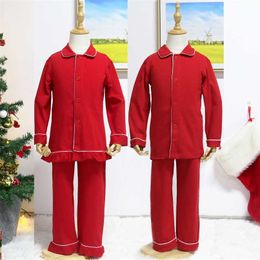 kids pjs girls sleepwear frill pyjamas 100% cotton buttons up solid boys christmas pajamas 211026
